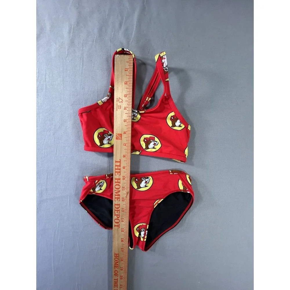Buc-ee's Girls YXS Red Two-Piece Swimsuit All Over‎ Logo Beaver Print